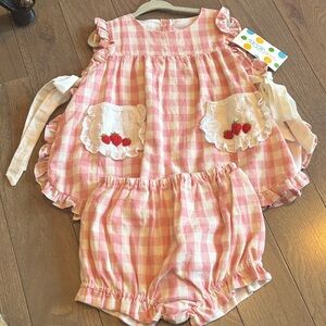 Pink Gingham Kids Matching Set with Strawberry Pockets